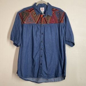 VTG My Name Is Panama Blue Embroidered Short Sleeve Quilted Shirt Men Size XL